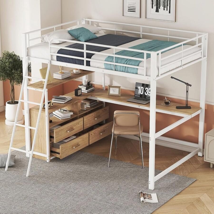 Hoogslaper 140 x 200 cm met bureau en kast voor kinderen Metalen bed met ladder en opslagruimte