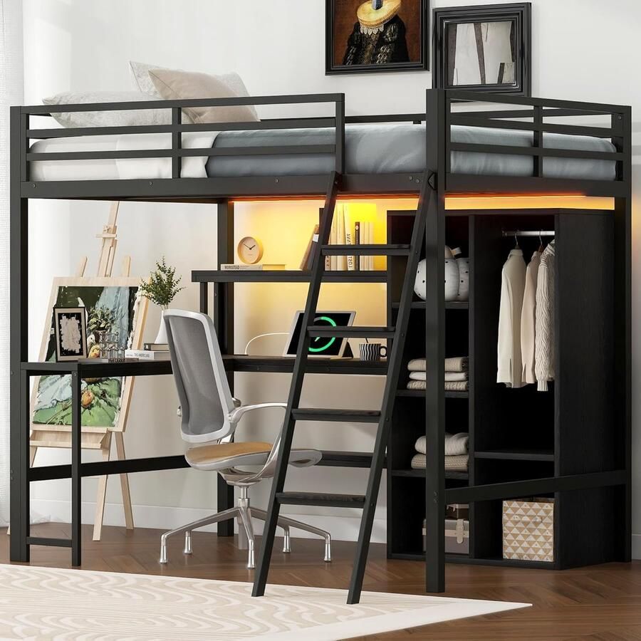 Hoogslaper 140 x 200 cm met Bureau Ladder en Opbergvakken Jeugdbed met USB-Laadstation en LED-Licht Zwart