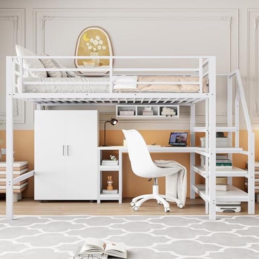 Hoogslaper 140 x 200 cm met Kledingkast Bureau en Opbergladder Geschikt voor Jongeren en Volwassenen