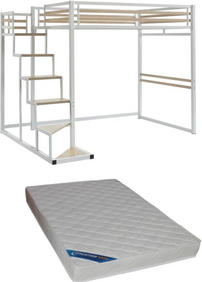 Vente-unique Hoogslaper 140 x 200 cm Metaal en mdf Wit + matras JOGUI L 260.5 cm x H 197 cm x D 198 cm