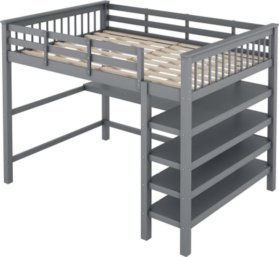 Hoogslaper 140 x 200 kinderhoogslaper met opbergvakken en onderbedbureau zonder matras grijs