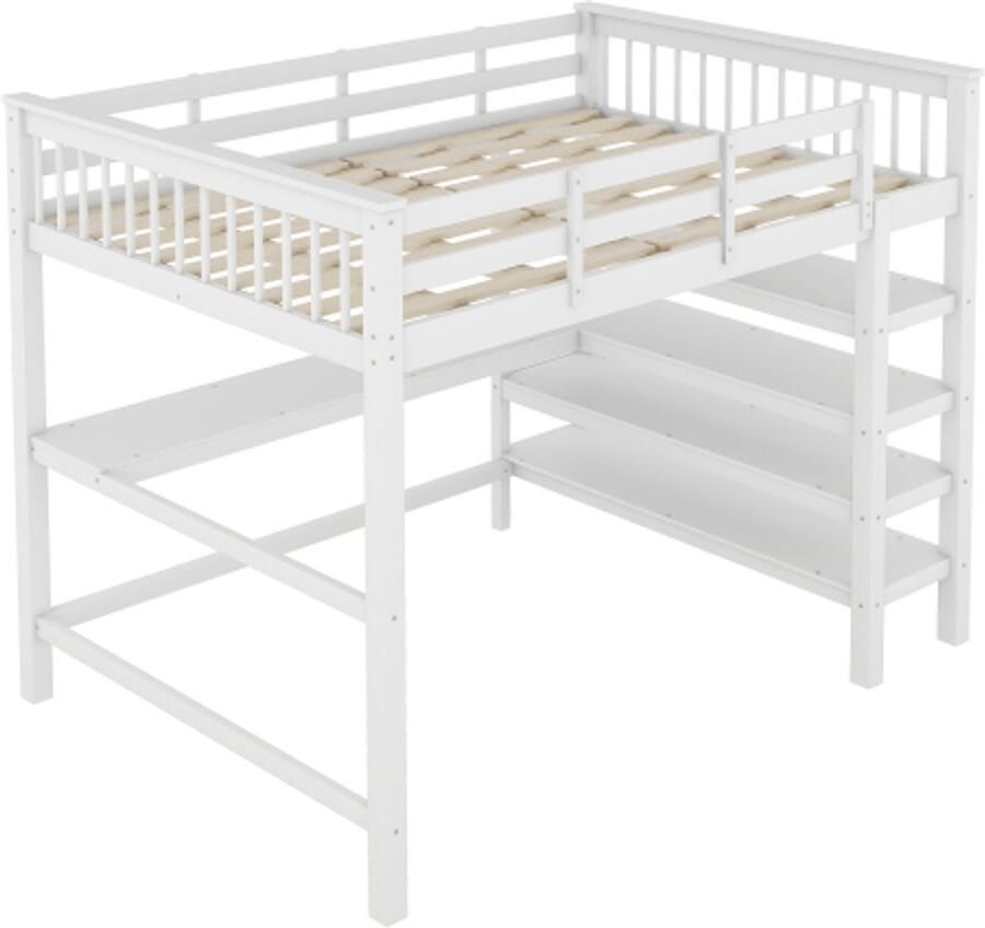 Hoogslaper 140 x 200 kinderhoogslaper met opbergvakken en onderbedbureau zonder matras wit