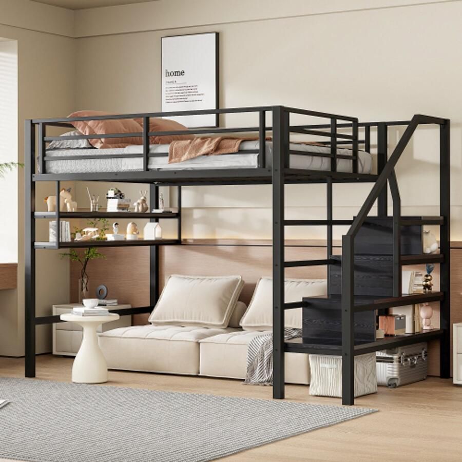 Merlooks Hoogslaper 140*200cm legplanken opbergtrap vrije ruimte onder het bed voor bekleding reling zonder matras zwart