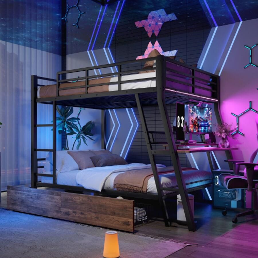 Learnlogic hoogbed 140x200 cm ijzeren frame LED-lijst laden leuning trap bureau zonder matras zwart