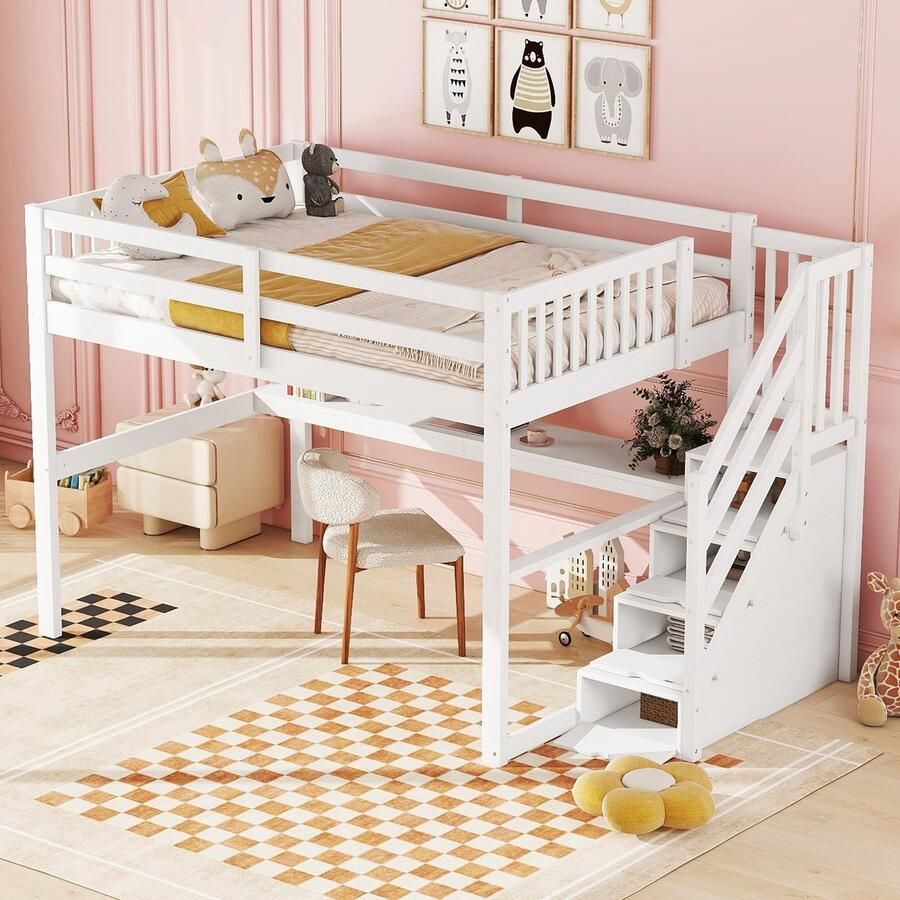 Hoogslaper 140x200 cm met opbergladen en bureau onder het bed grenenhout + MDF wit(matras niet inbegrepen)