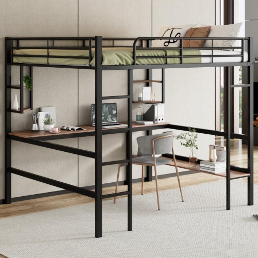 Hoogslaper 140x200cm bedframe metalen bed ijzeren bed met bureau zonder matras hoogslaper met vier kleine planken en een grote boekenkast voor kinderen tieners en volwassenen zwart