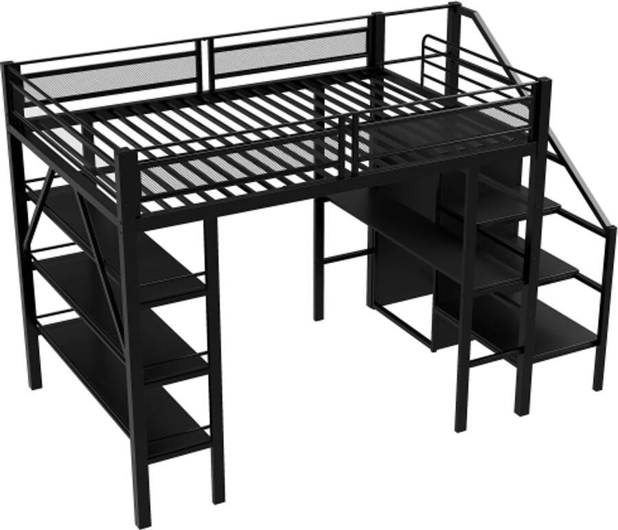 Learnlogic Hochbett 140*200cm zwart dreilagiges Ablageregal Schreibtisch Kleiderschrank Sicherheitsstufen mit Ablagefach hohes Zaundesign Eisenbett Einzelbett - Foto 2
