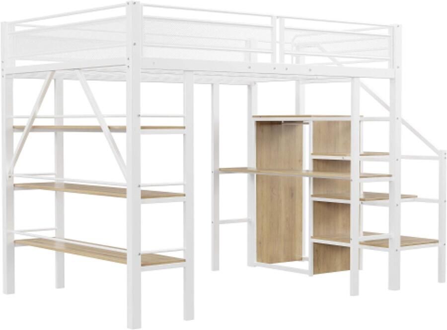 Hoogslaper 140x200cm drielaags opbergplank bureau kledingkast veiligheidstrap met opbergvak hoog hekwerk ijzeren bed eenpersoonsbed Wit