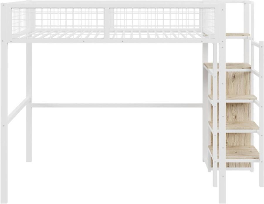 Gotagee Hoogslaper 140x200cm met ladder kinderbed met ijzeren frame en opbergplank kledingkast wit (zonder matras)