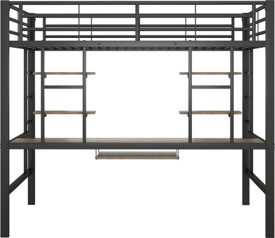 Zonder merk Gotagee Hoogslaper 140x200cm Metalen bed (zonder matras) Zwart Ijzeren bed met bureau en twee boekenplanken