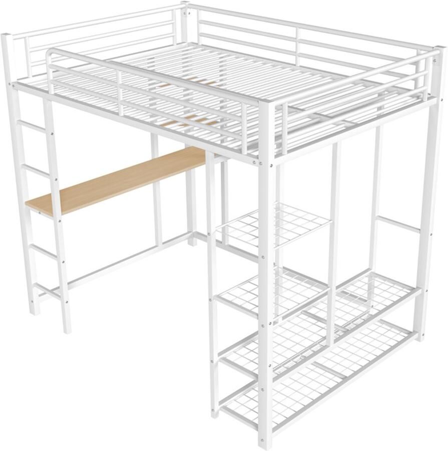 Hoogslaper 140x200cm zonder matras met ladder tafel opbergrek eenvoudige kledingkast en veiligheidshek stevig metalen frame de ruimte eronder is vrij te gebruiken efficiënte ruimtebenutting wit