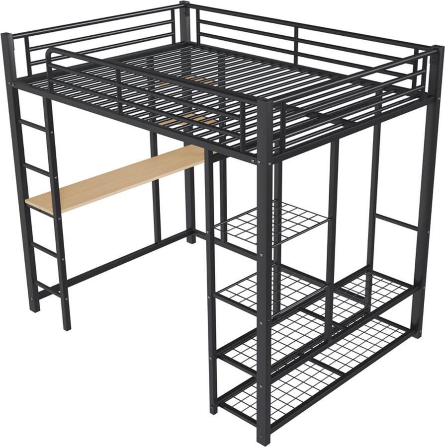 Hoogslaper 140x200cm zonder matras met ladder tafel opbergrek eenvoudige kledingkast en veiligheidshek stevig metalen frame de ruimte eronder is vrij te gebruiken efficiënte ruimtebenutting zwart