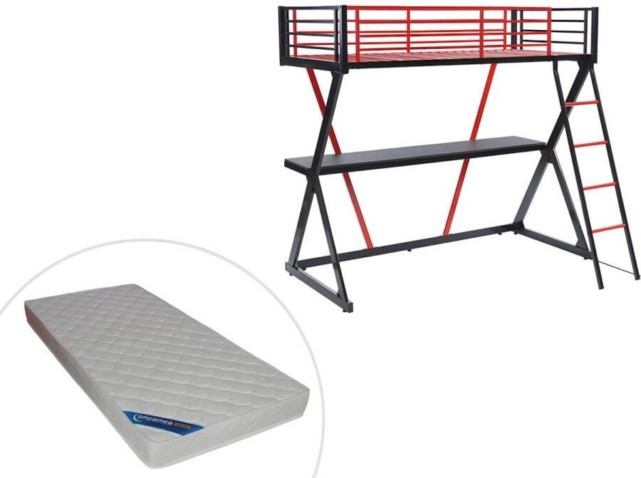 Hoogslaper 90 x 190 cm Met bureau Metaal Zwart en rood + Matras SUPIA L 197.5 cm x H 184 cm x D 148 cm