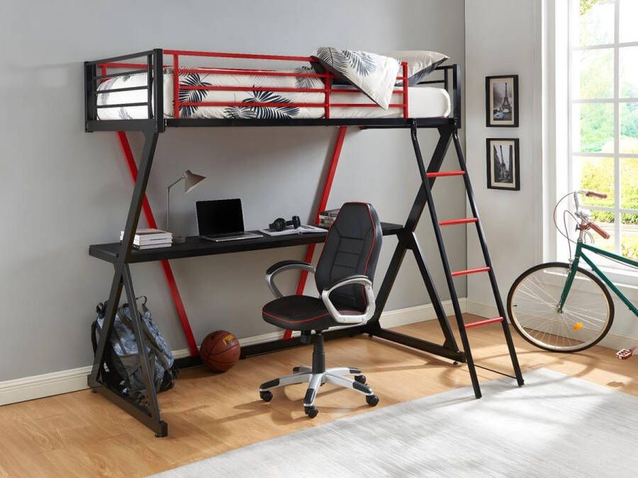 Hoogslaper 90 x 190 cm Met bureau Metaal Zwart en rood + Matras SUPIA L 197.5 cm x H 184 cm x D 148 cm