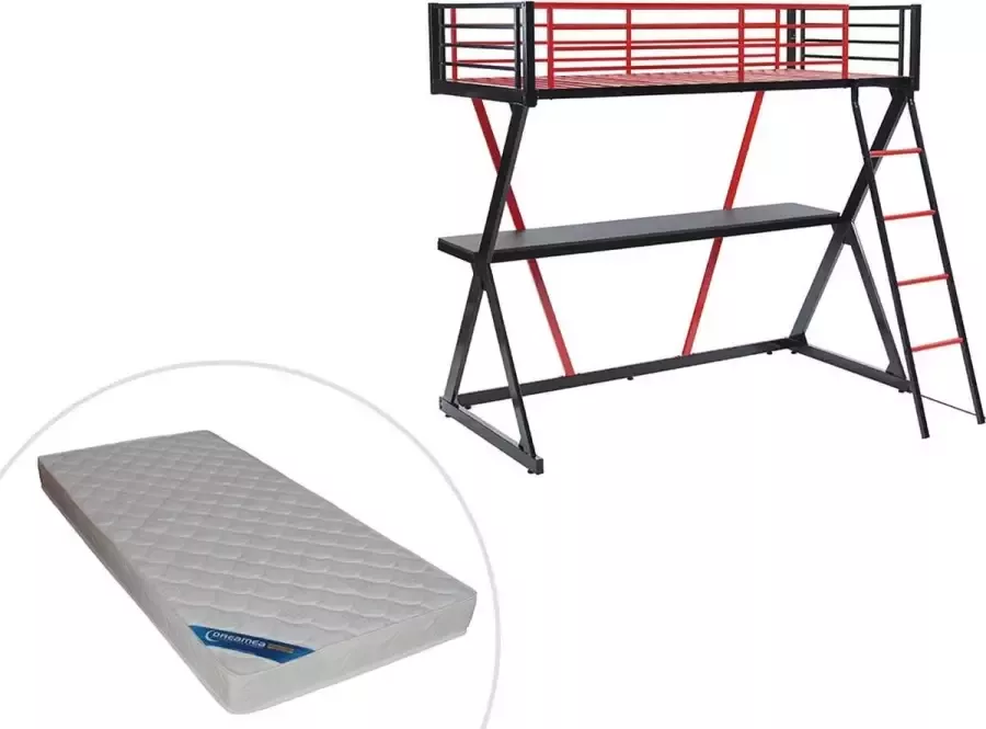 Hoogslaper 90 x 190 cm Met bureau Metaal Zwart en rood + Matras SUPIA L 197.5 cm x H 184 cm x D 148 cm - Foto 2