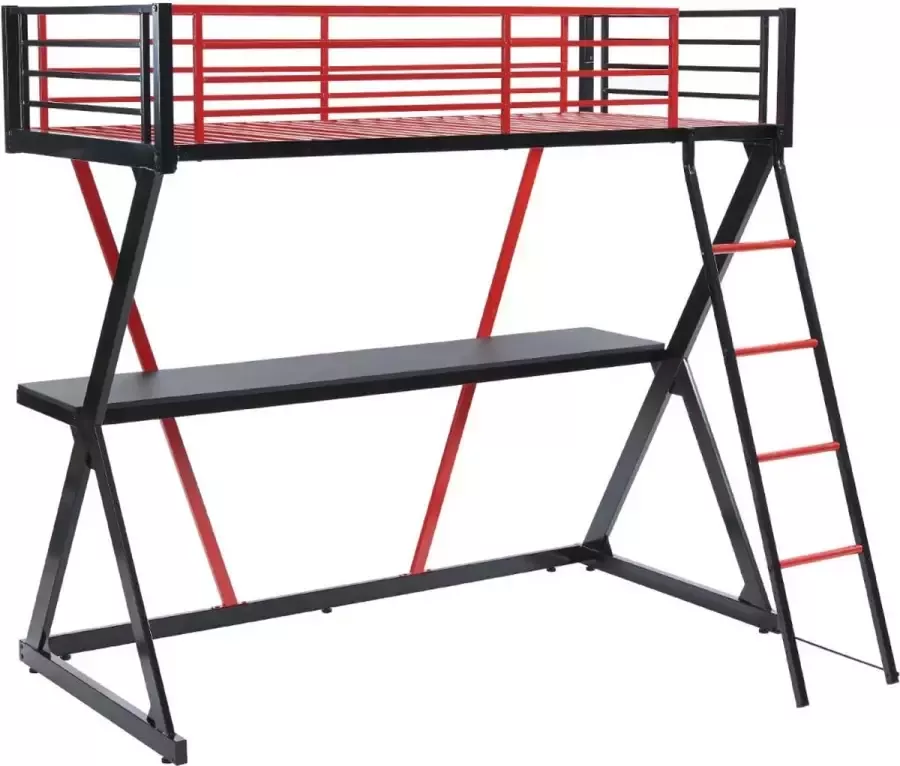 Hoogslaper 90 x 190 cm Met bureau Metaal Zwart en rood SUPIA L 197.5 cm x H 184 cm x D 148 cm