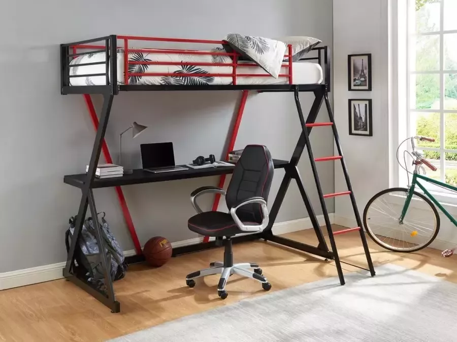 Hoogslaper 90 x 190 cm Met bureau Metaal Zwart en rood SUPIA L 197.5 cm x H 184 cm x D 148 cm - Foto 2