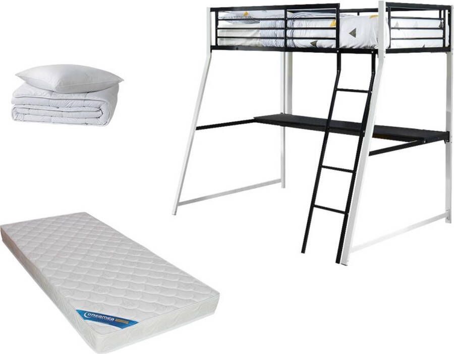 Hoogslaper 90 x 190 cm met bureau Metaal Zwart en wit + matras + dekbed + kussen MALICIA L 200 cm x H 182 cm x D 138 cm