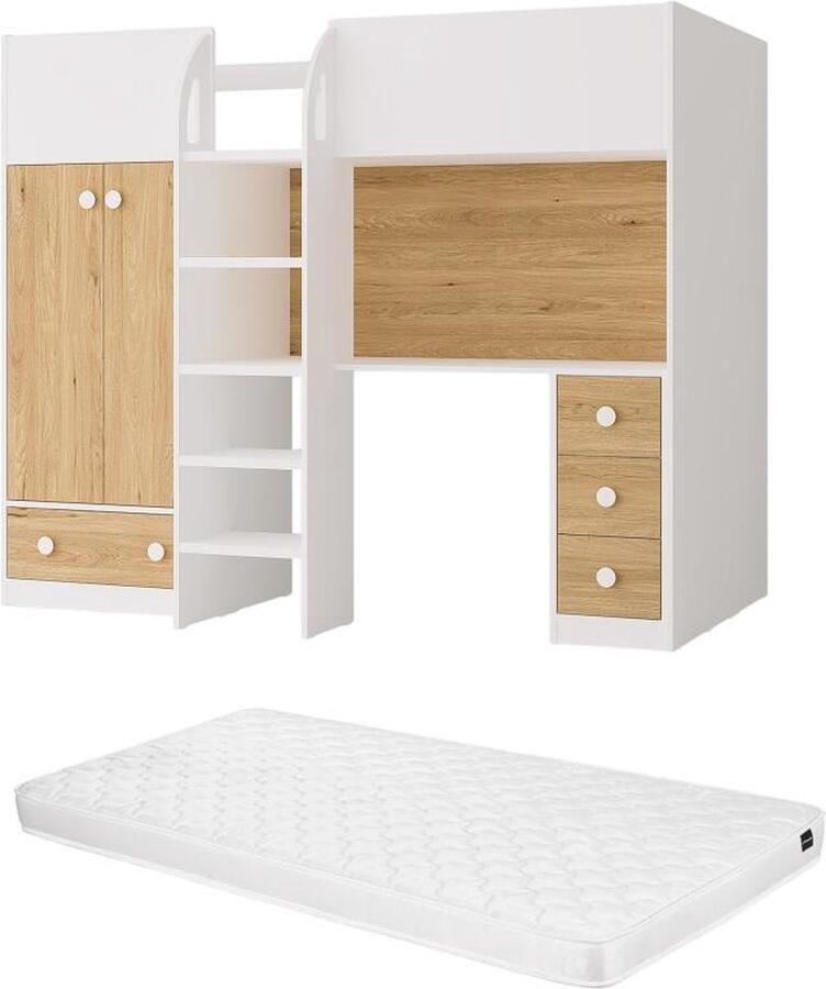 Vente-unique Hoogslaper 90 x 190 cm met kast en bureau Wit en houtlook + matras CINAMO L 196 cm x H 162.3 cm x D 120.8 cm - Foto 3