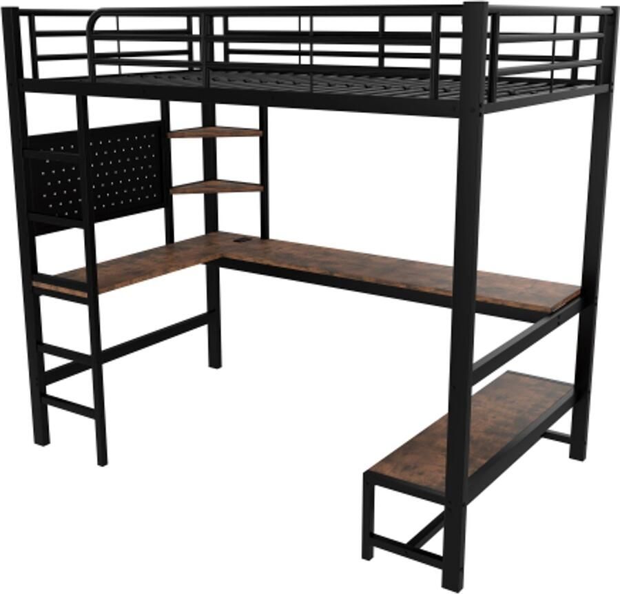 Hoogslaper 90 x 200 cm ijzeren frame bureau leuning trapladder meerdere legplanken met USB+Type-C aansluiting met LED-strip met prikbord zonder matras zwart