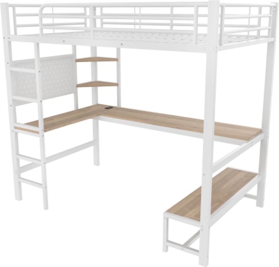 Hoogslaper 90 x 200 cm ijzeren frame bureau leuning trapladder meerdere legplanken met USB+Type-C aansluiting met LED-strip met prikbord zonder matras wit