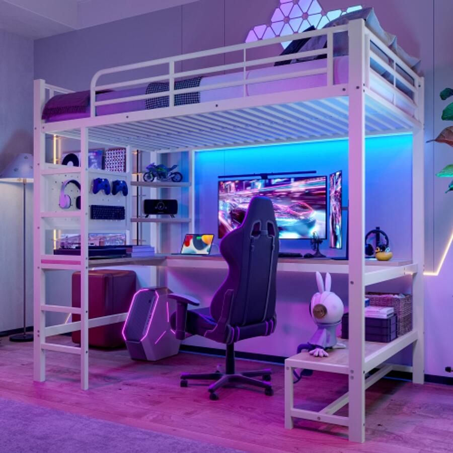 Merlooks Hoogslaper 90 x 200cm ijzeren frame bureau leuning trapje verschillende planken met usb+type-c stopcontact met ledstrip met geperforeerde plank zonder matras wit