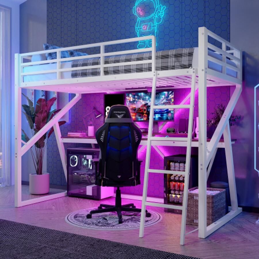 Learnlogic hoogbed 90x200 cm ijzeren frame LED-lijst leuning trap bureau zonder matras wit