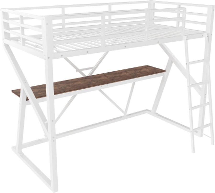 Hoogslaper 90 x 200 cm ijzeren frame ledstrip leuning trap bureau zonder matras wit