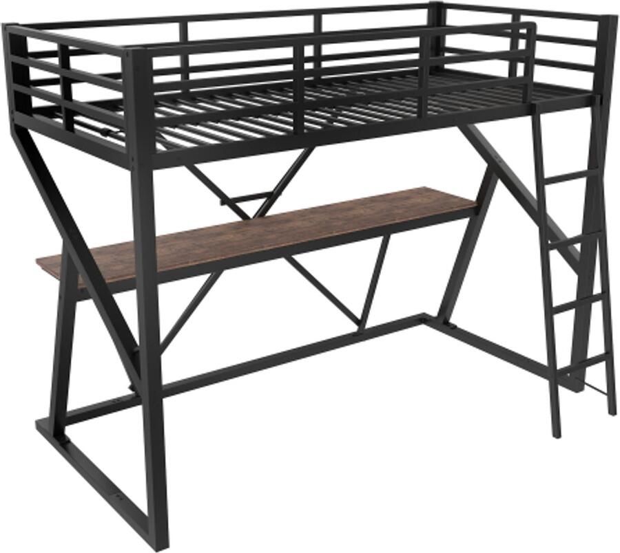 Hoogslaper 90 x 200 cm ijzeren frame ledstrip leuning trap bureau zonder matras zwart