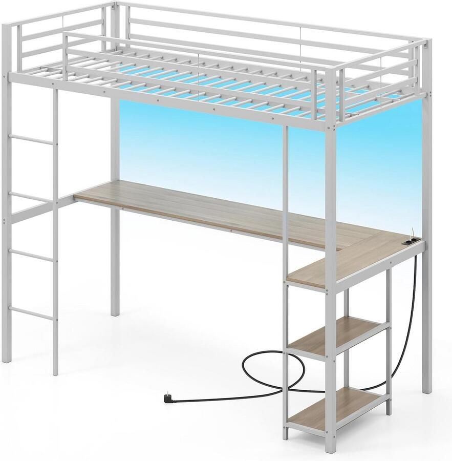Hoogslaper 90 x 200 cm met Bureau en 3 Planken Laadstation en LED-Verlichting voor Kinderen