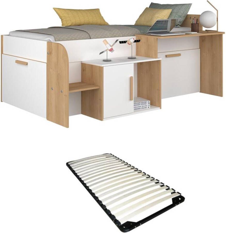 Hoogslaper 90 x 200 cm met bureau en opbergruimte wit en naturel + bedbodem PEDRO L 206.4 cm x H 90 cm x D 134.6 cm
