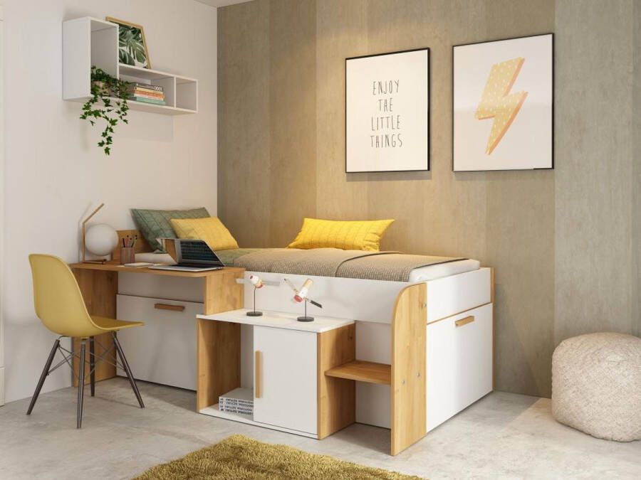 Vente-unique Combinatiebed 90 x 200 cm met bureau en opbergruimte Wit en natuurlijk + Lattenbodem PEDRO L 206.4 cm x H 90 cm x D 134.6 cm - Foto 2