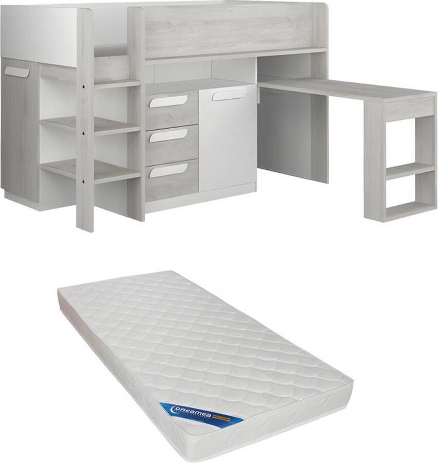 Vente-unique Hoogslaper 90 x 200 cm met bureau en opbergruimte Wit en naturel + matras LOUKALA L 207 cm x H 131.5 cm x D 193.8 cm - Foto 3