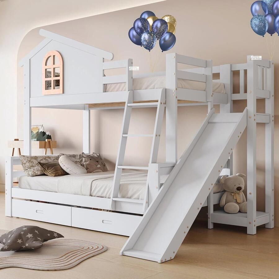 Hoogslaper 90 x 200 cm met Glijbaan en Laden Kinderbed met Huisbed en Trap