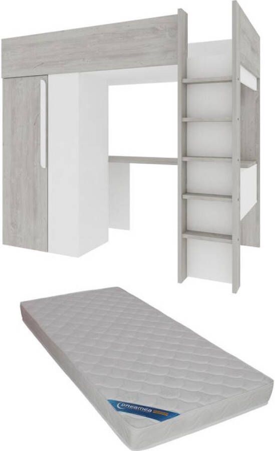 Vente-unique Hoogslaper – 90 x 200 cm – Met kledingkast en bureau – Vergrijsde houtlook en wit – Met matras – NICOLAS L 205.2 cm x H 183.1 cm x D 110 cm - Foto 4