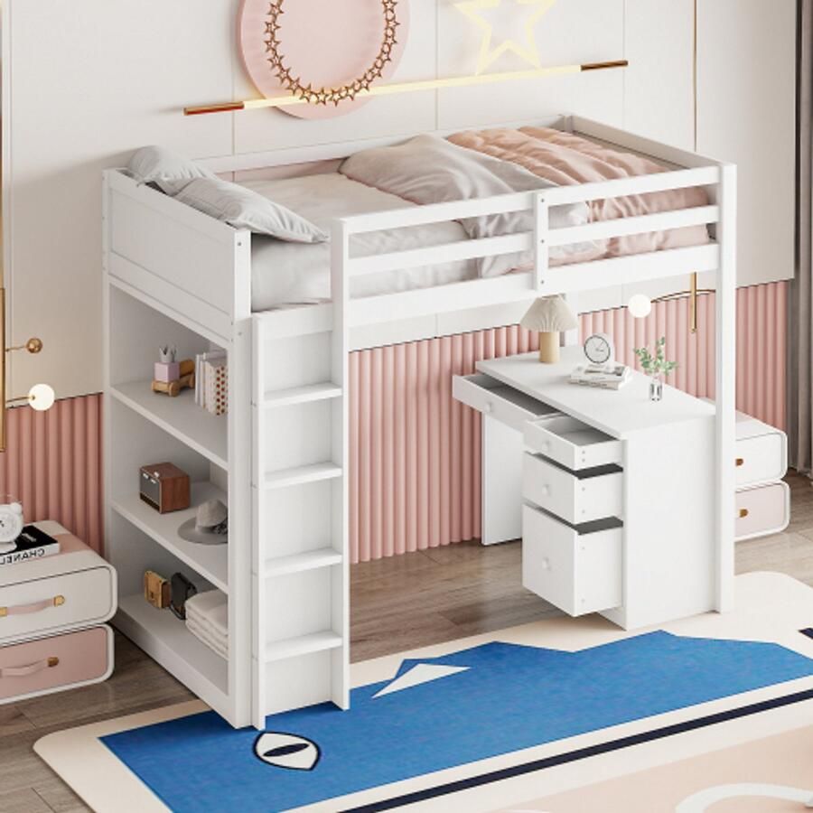 Hoogslaper 90 X 200 cm met opbergkasten en computerbureau multifunctioneel hoogslaper voor kinderen van hout in de kleur wit
