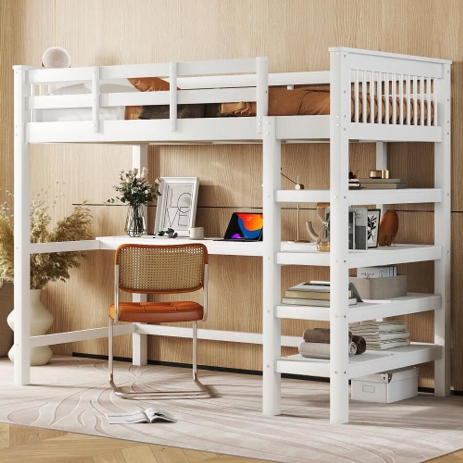 Hoogslaper 90 x 200 kinderhoogslaper met opbergvakken en onderbedbureau zonder matras wit