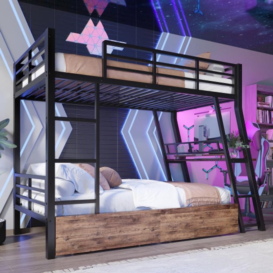 Hoogslaper 90x200 cm ijzeren frame ledstrip lades leuning trap bureau zonder matras zwart