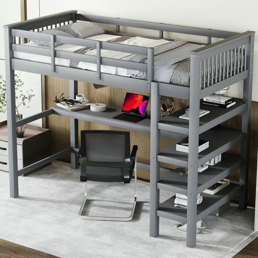 Hoogslaper 90x200 cm kinderbed met opbergruimte en bureau Antiek Grijs + Massief Hout(matras niet inbegrepen)