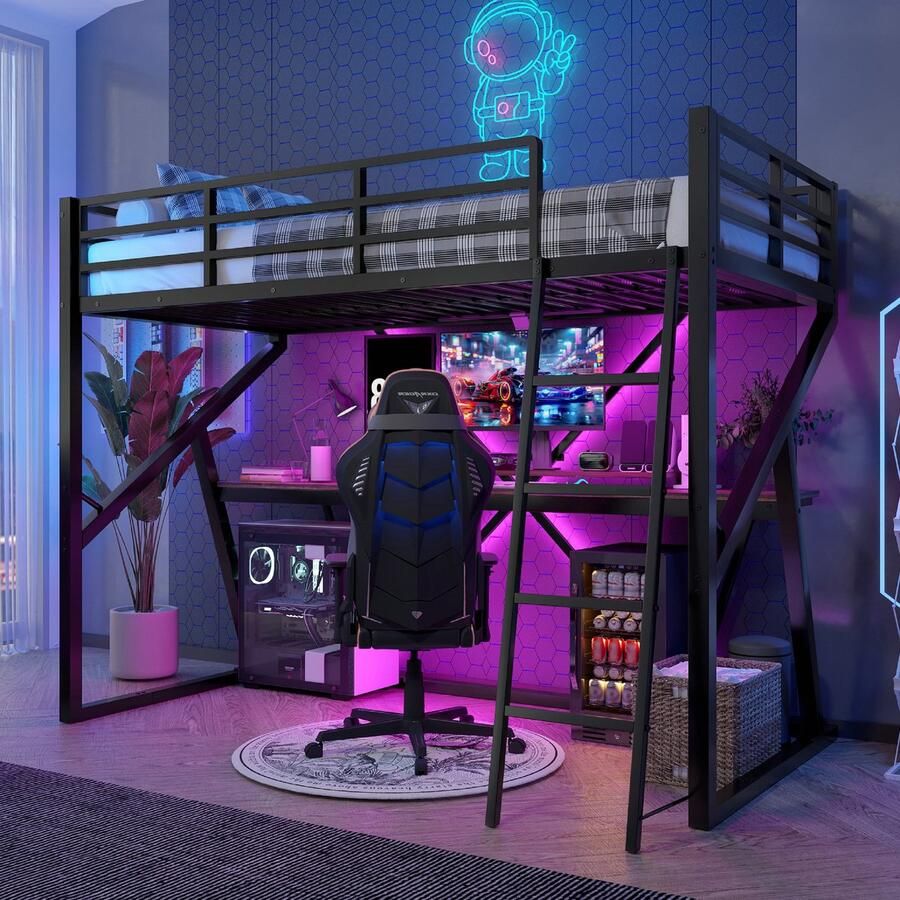 Hoogslaper 90x200 cm met bureau kinderbed met ledverlichting en leuning trap ijzeren frame zwart(matras niet inbegrepen)