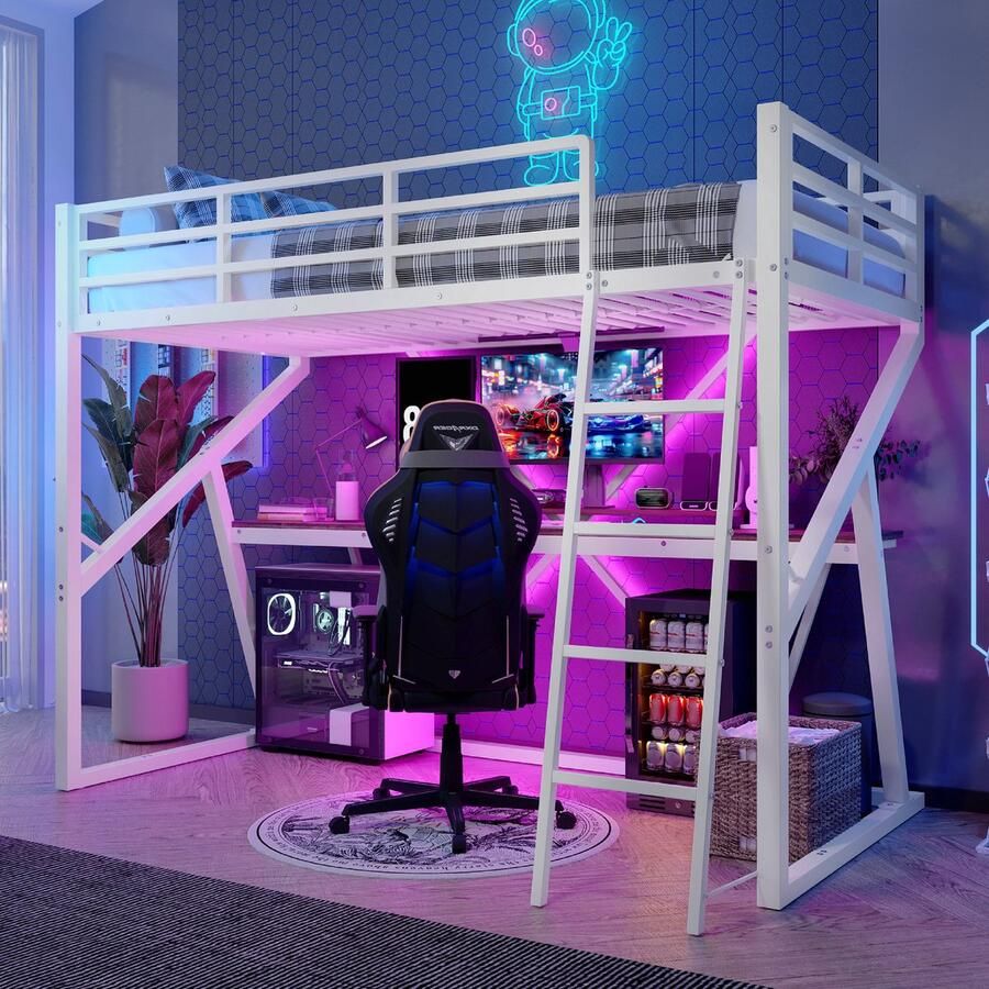 Hoogslaper 90x200 cm met Bureau Kinderbed met ledverlichting leuning en trap IJzeren frame Wit(matras niet inbegrepen)