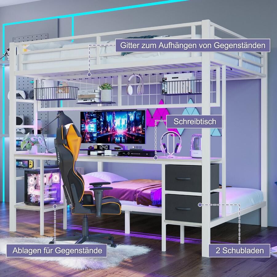 Hoogslaper 90x200 en 140x200 cm met ledverlichting en USB-aansluiting metalen bed met lades hangrek bureau wit(matras niet inbegrepen)