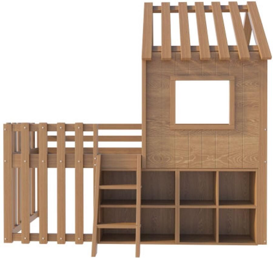 Hoogslaper 90x200 Zonder Matras Huisbed Kinderbed Natuur Hout Met Dak En Raam Met Ladder En Open Opbergruimte Geschikt Voor Kinderkamer
