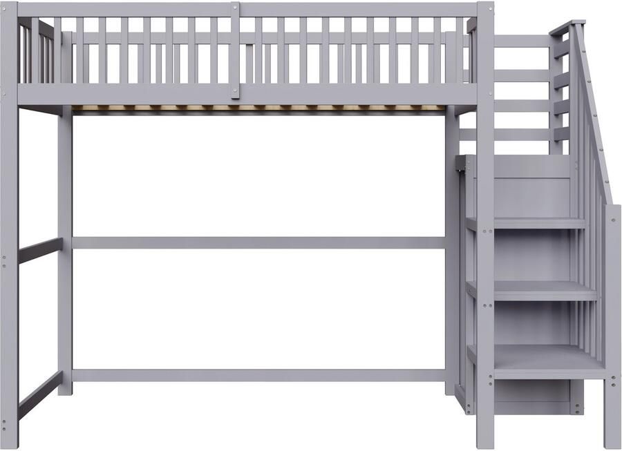 Hoogslaper 90x200 Zonder Matras Kinderbed Tienerbed Grijs Hout Met Trap Opbergrek Eenvoudige Kast Veiligheidsrek Geschikt Voor Kinderkamer En Kleine Ruimtes