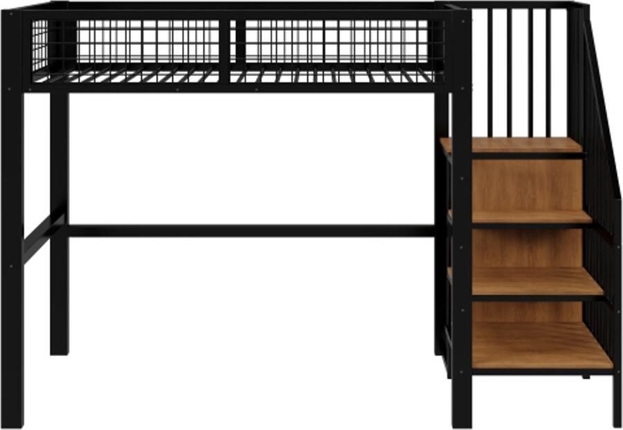 Hoogslaper 90x200 Zonder Matras Kinderbed Zwart Metaal Met Ladder En Opbergrek Kast Met Opbergruimte Met Veiligheidsrail Voor Tieners En Volwassenen