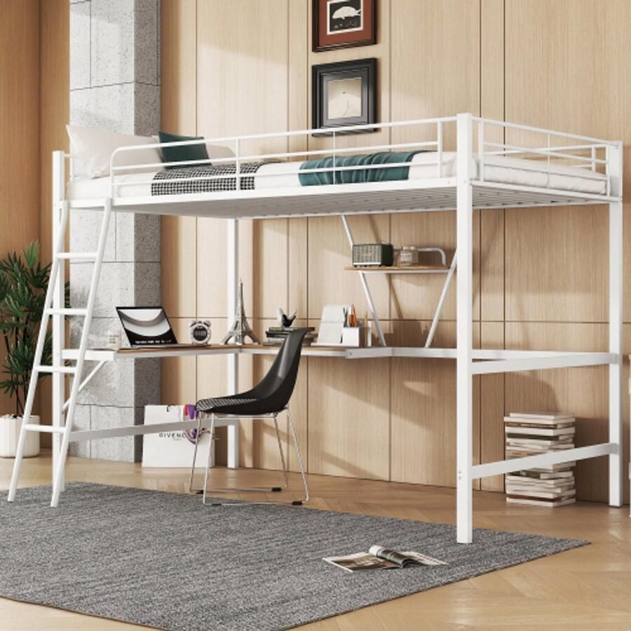 Hoogslaper 90x200cm bedframe metalen bed ijzeren bed hoogslaper met L-vormig bureau en een plank voor kinderen tieners en volwassenen zonder matras wit
