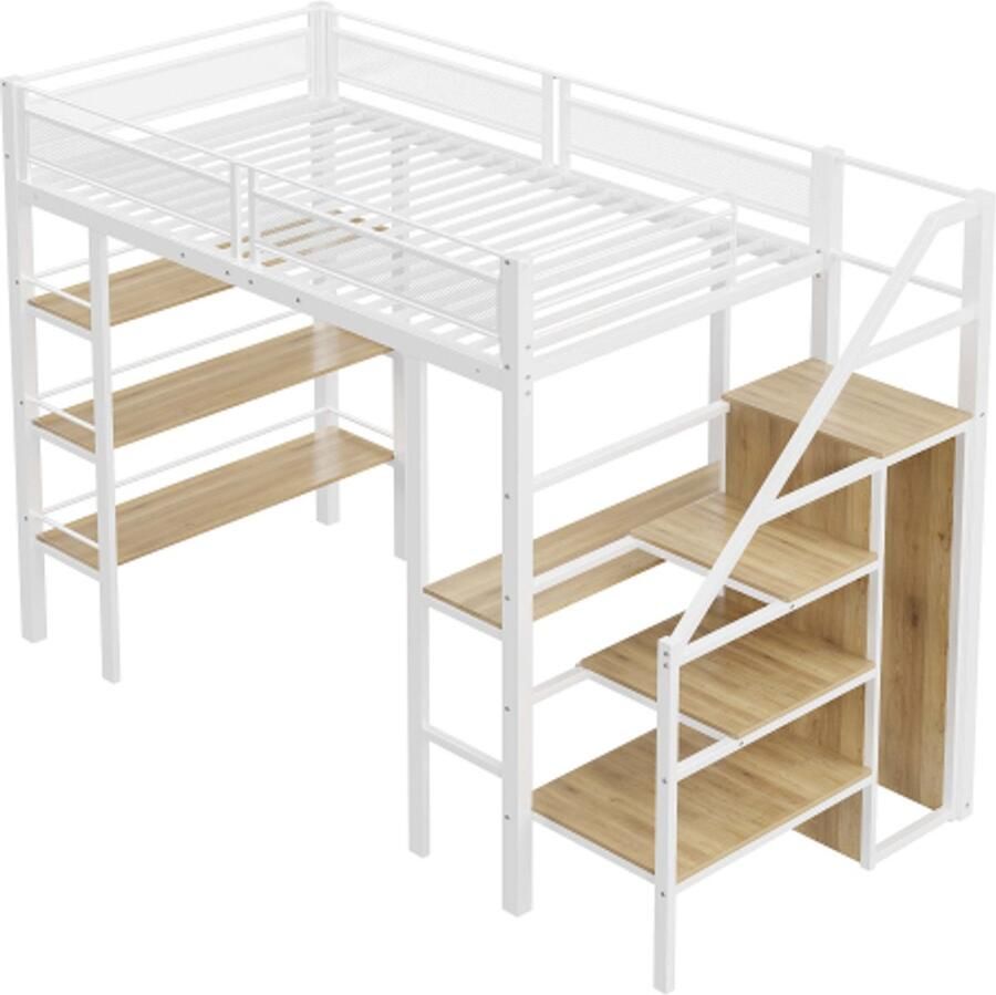 Hoogslaper 90x200cm drielaags opbergplank bureau kledingkast veiligheidstrap met opbergvak hoog hekwerk ijzeren bed eenpersoonsbed wit