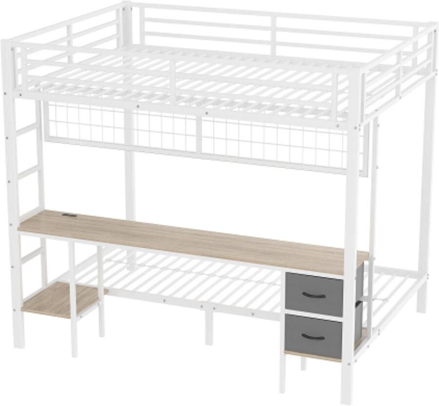 Hoogslaper 90x200cm en 140x200cm Stapelbed ijzeren frame lades opbergruimte voor spullen rooster voor het ophangen van spullen bureau met 7-kleurige ledstrip USB-aansluiting zonder matras wit