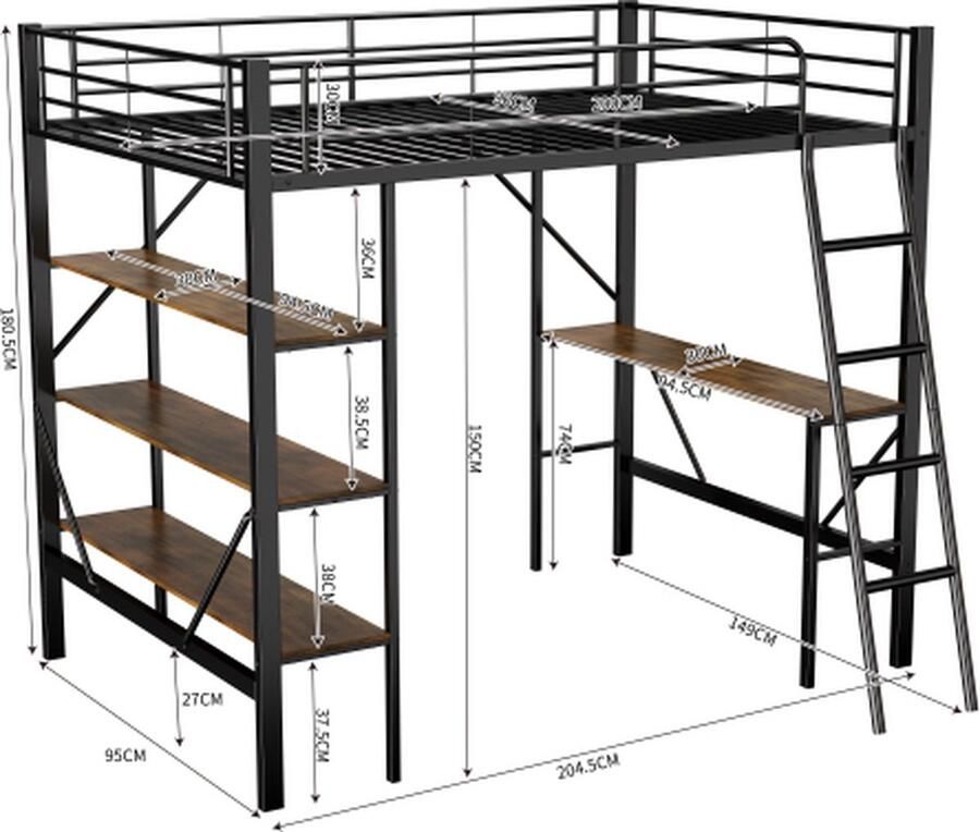 Zonder merk Gotagee Hoogslaper 90x200cm Ijzeren bed (zonder matras) Metalen bed Zwart met bureau en drie grote planken - Foto 2