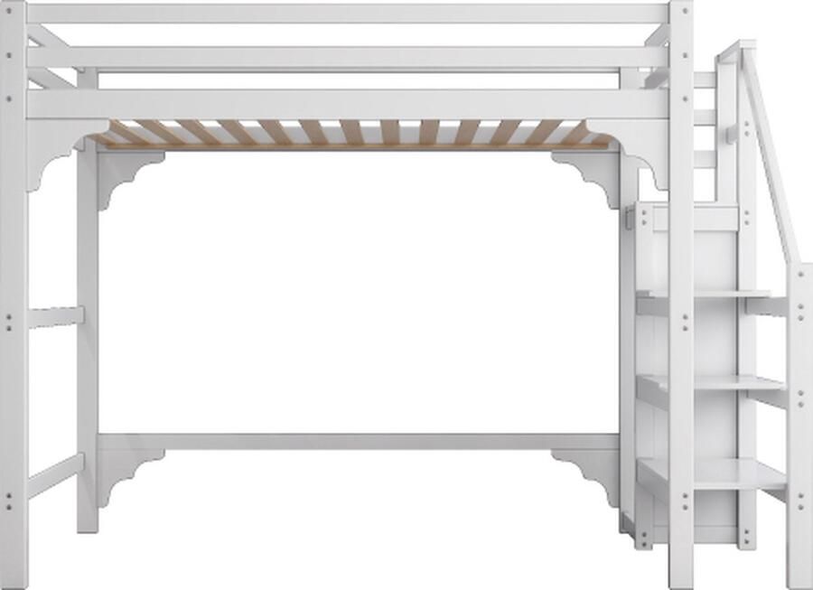 Zonder merk Gotagee Hoogslaper 90x200cm Jeugdbed (Zonder matras) Wit met trap en garderobe